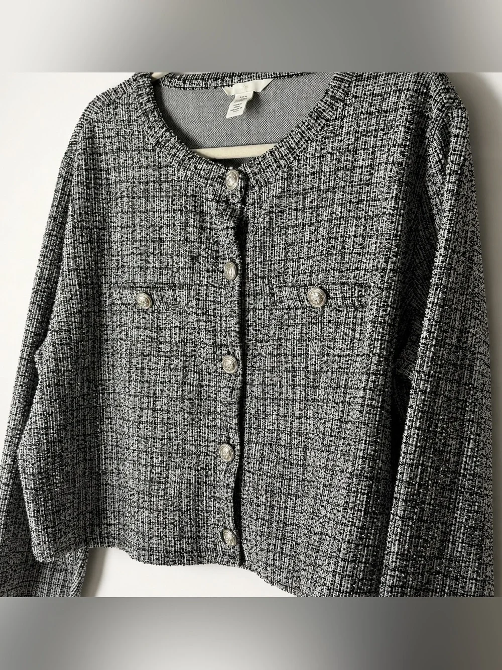 H&M Black White Tweed Crop Cardigan Jacket Women’s XXL Textured Button Front